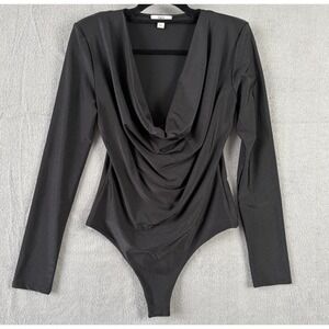 Bar III Bodysuit Women M Deep Black Draped Cowl Neck‎ Stretch Long Sleeve